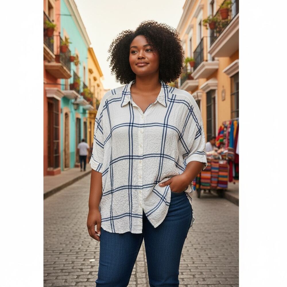 Jane & Delancey Crinkled Fabric Button Front Shirt Womens 2X Longline Relaxed